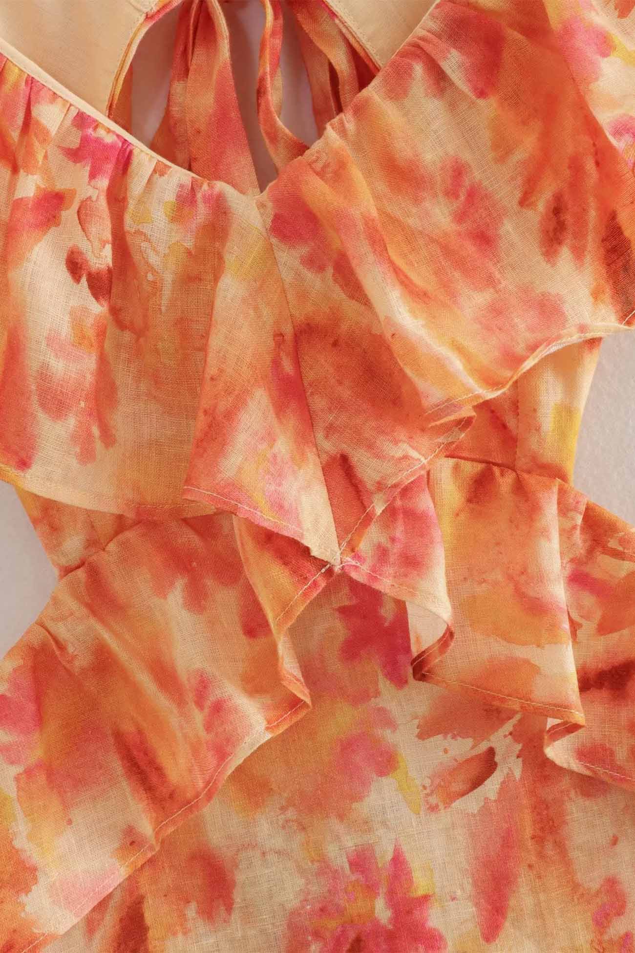 Lieke - Boho Bruiloft Gastenjurk Dames met Bloemenprint en Ruffle Schouderbandjes