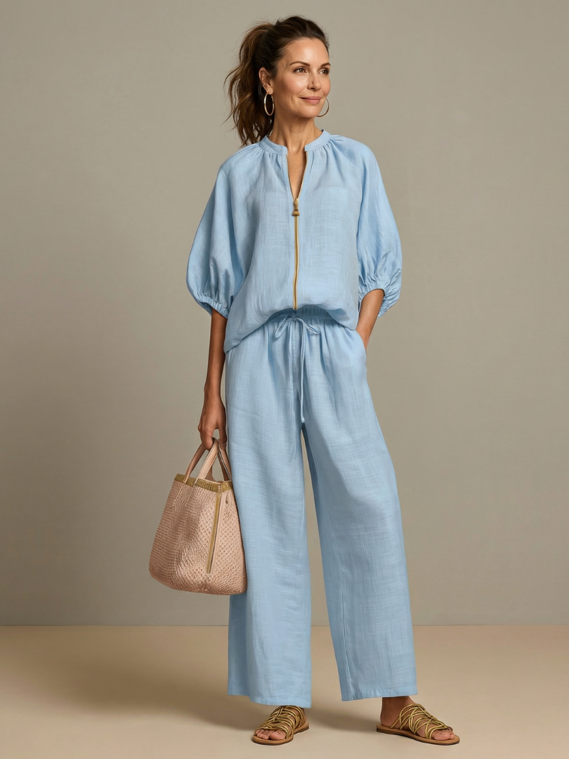 Lieke - Boho Linnen Co-ord Set Dames met Ballonmouwen en Wijde Broek