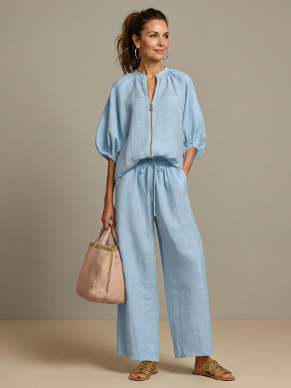 Lieke - Boho Linnen Co-ord Set Dames met Ballonmouwen en Wijde Broek