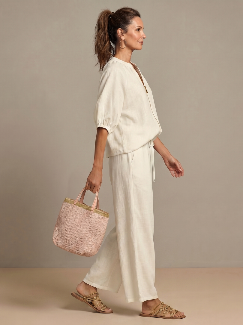 Lieke - Boho Linnen Co-ord Set Dames met Ballonmouwen en Wijde Broek