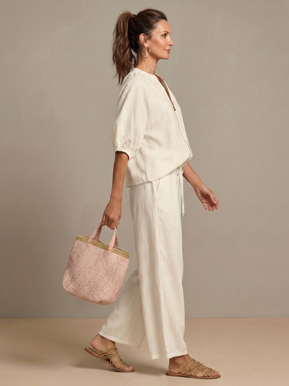 Lieke - Boho Linnen Co-ord Set Dames met Ballonmouwen en Wijde Broek