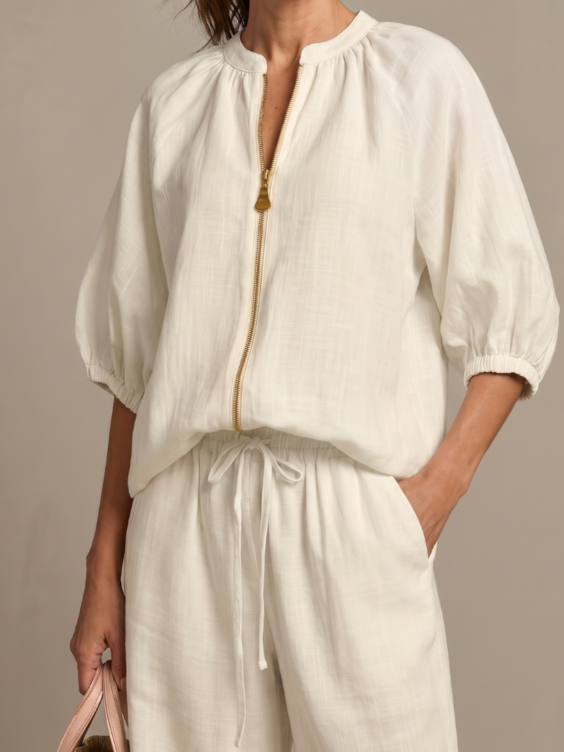 Lieke - Boho Linnen Co-ord Set Dames met Ballonmouwen en Wijde Broek