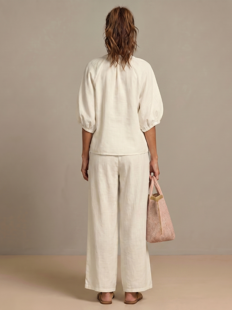 Lieke - Boho Linnen Co-ord Set Dames met Ballonmouwen en Wijde Broek