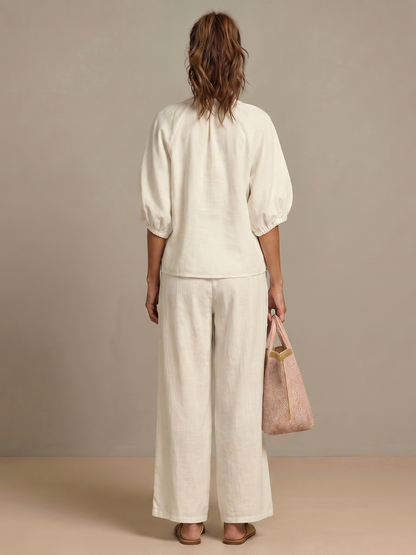 Lieke - Boho Linnen Co-ord Set Dames met Ballonmouwen en Wijde Broek
