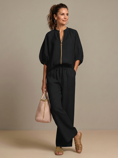 Lieke - Boho Linnen Co-ord Set Dames met Ballonmouwen en Wijde Broek