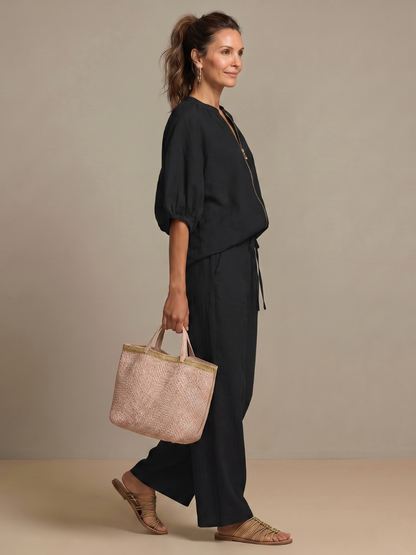 Lieke - Boho Linnen Co-ord Set Dames met Ballonmouwen en Wijde Broek