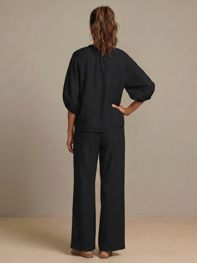 Lieke - Boho Linnen Co-ord Set Dames met Ballonmouwen en Wijde Broek