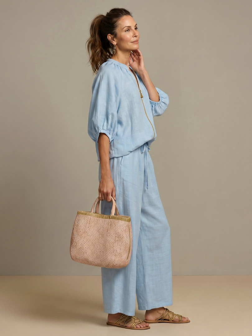 Lieke - Boho Linnen Co-ord Set Dames met Ballonmouwen en Wijde Broek