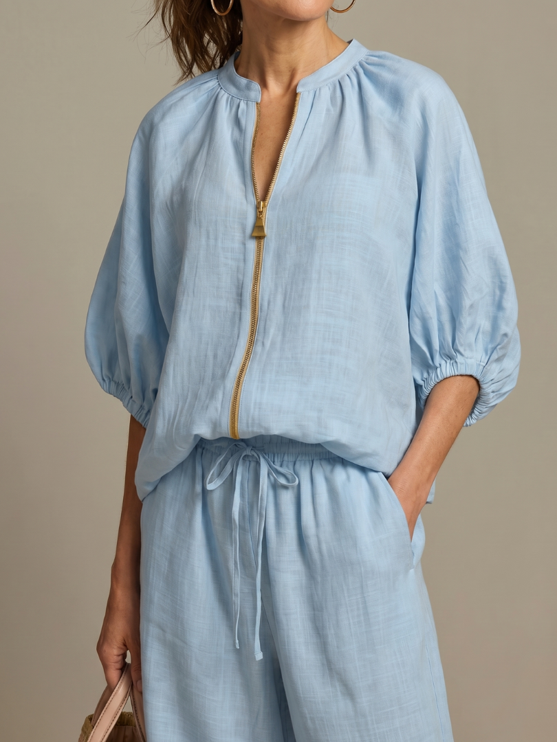 Lieke - Boho Linnen Co-ord Set Dames met Ballonmouwen en Wijde Broek