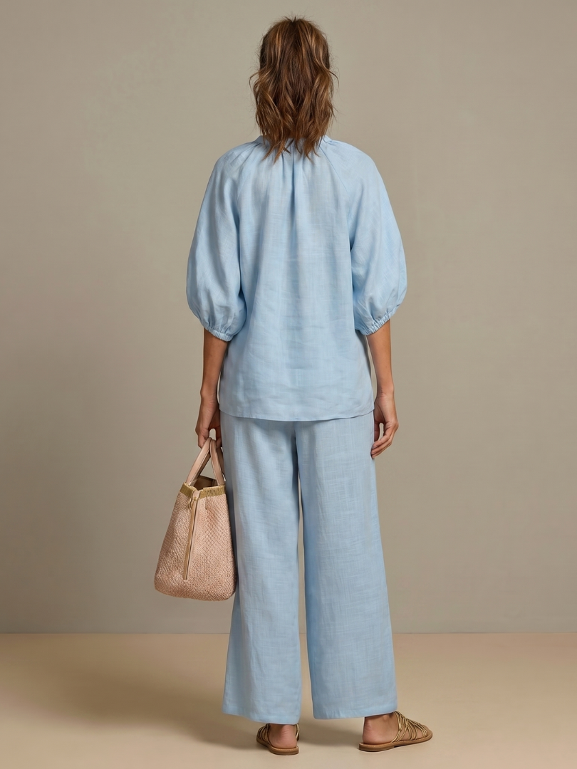 Lieke - Boho Linnen Co-ord Set Dames met Ballonmouwen en Wijde Broek