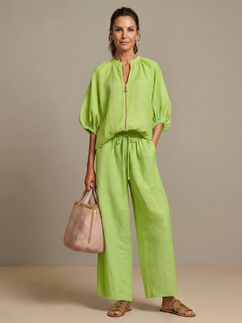 Lieke - Boho Linnen Co-ord Set Dames met Ballonmouwen en Wijde Broek