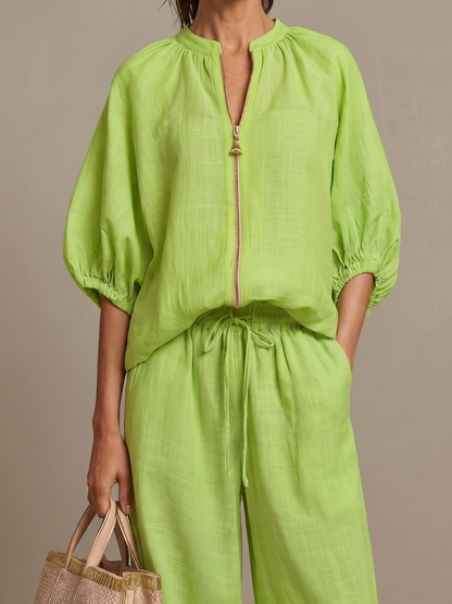 Lieke - Boho Linnen Co-ord Set Dames met Ballonmouwen en Wijde Broek