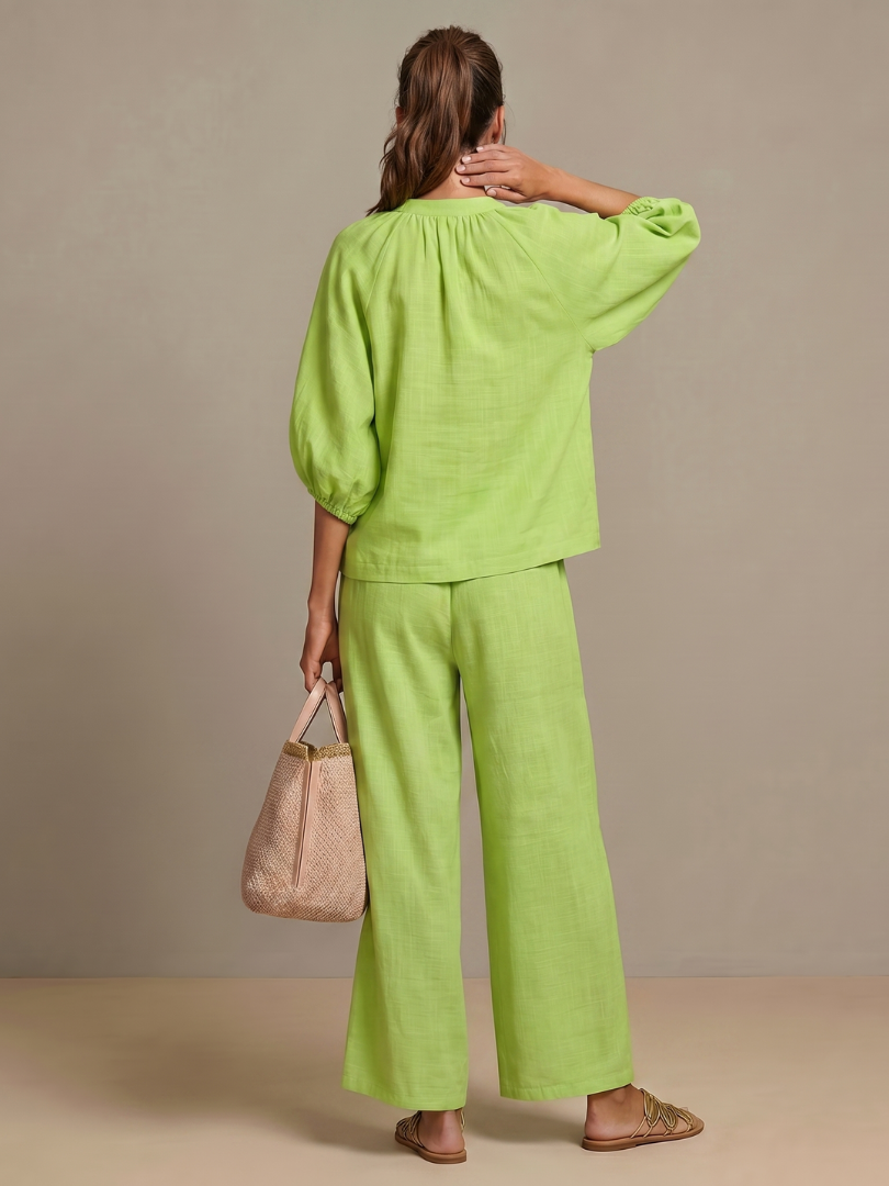 Lieke - Boho Linnen Co-ord Set Dames met Ballonmouwen en Wijde Broek