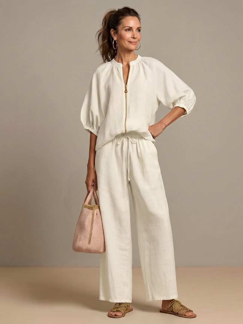 Lieke - Boho Linnen Co-ord Set Dames met Ballonmouwen en Wijde Broek