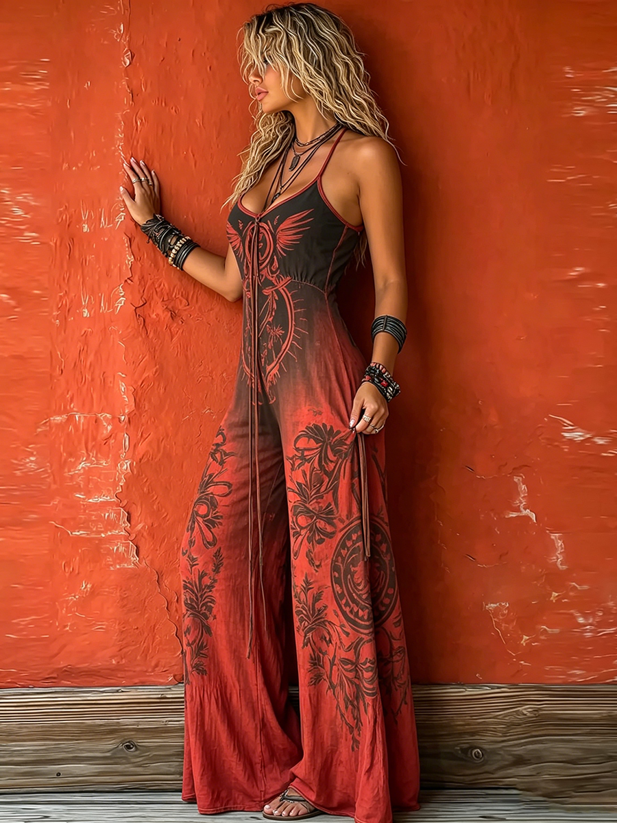 Lieke - Boho Linnen Jumpsuit Dames met Halternek en Etnische Print