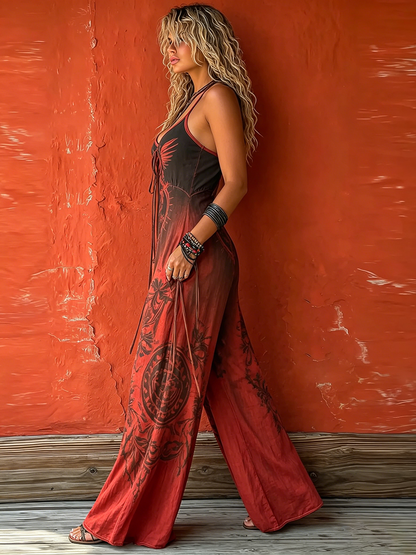 Lieke - Boho Linnen Jumpsuit Dames met Halternek en Etnische Print