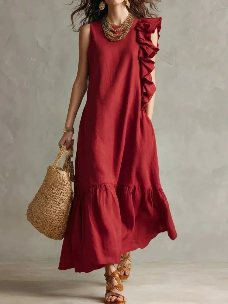 Lieke - Boho Maxi Jurk Dames met Ruches en Mouwloos Ontwerp