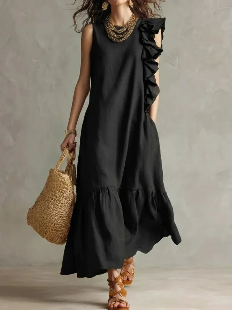 Lieke - Boho Maxi Jurk Dames met Ruches en Mouwloos Ontwerp
