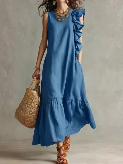 Lieke - Boho Maxi Jurk Dames met Ruches en Mouwloos Ontwerp