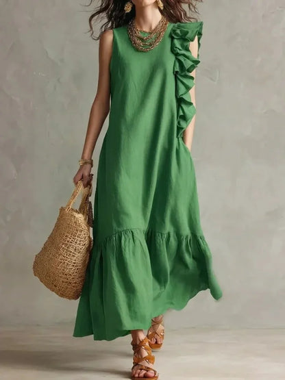 Lieke - Boho Maxi Jurk Dames met Ruches en Mouwloos Ontwerp