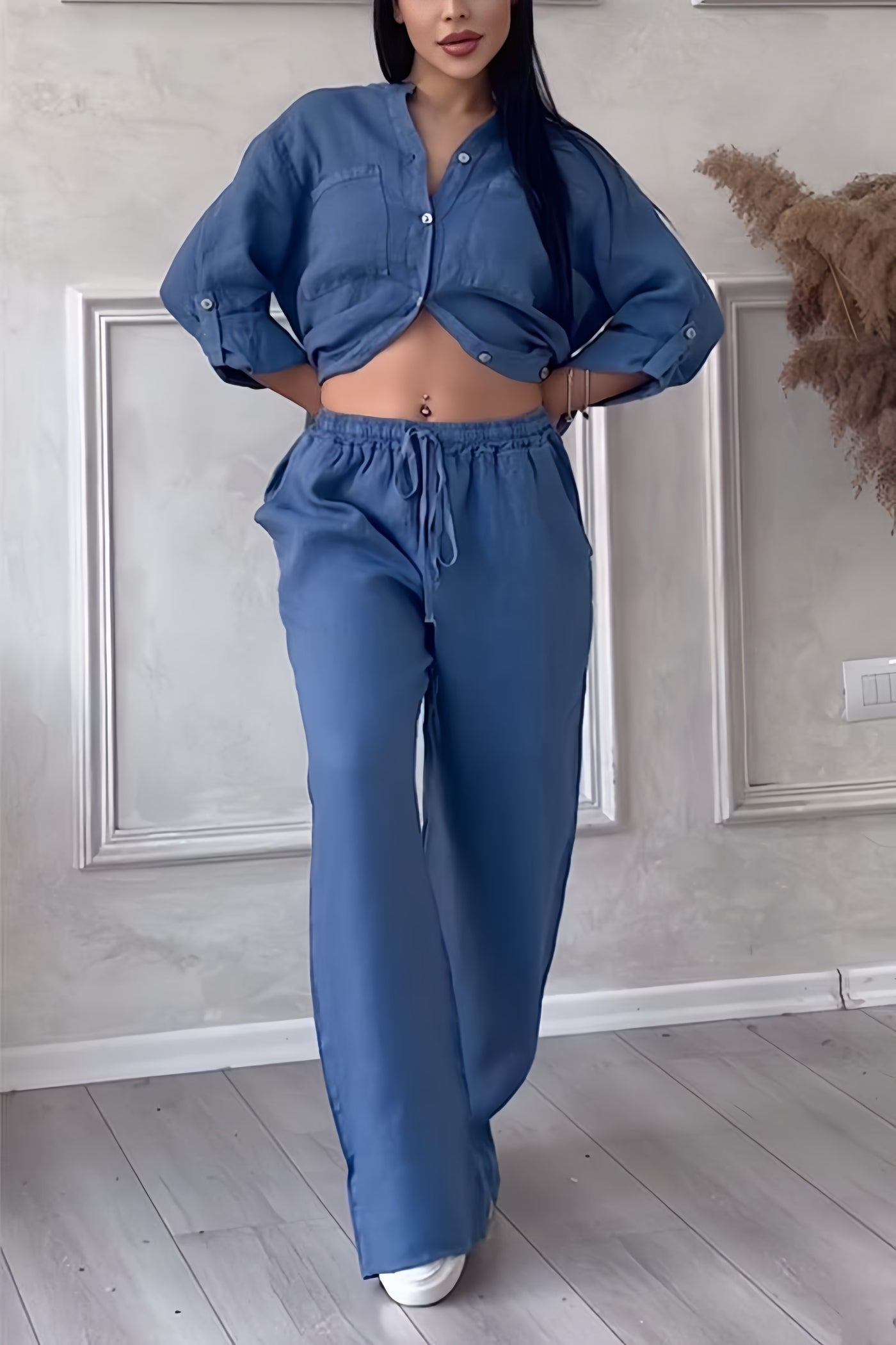 Isa - Trendy Linnen Co-ord Set Dames met Crop Blouse en Wijde Broek