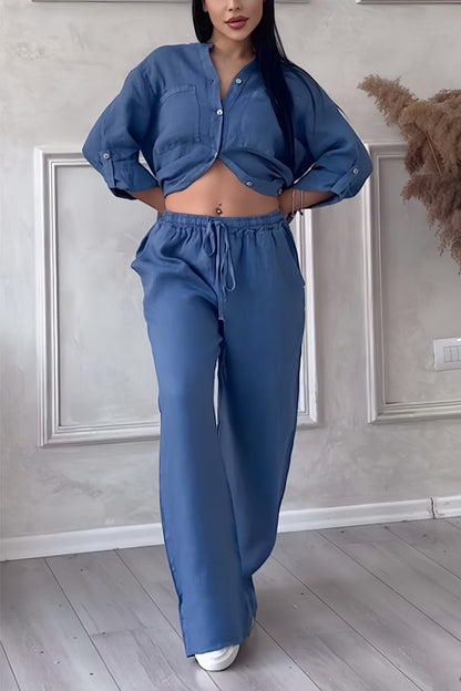 Isa - Trendy Linnen Co-ord Set Dames met Crop Blouse en Wijde Broek