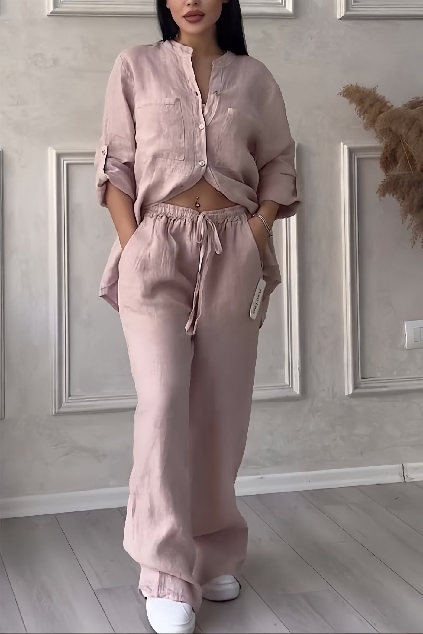 Isa - Trendy Linnen Co-ord Set Dames met Crop Blouse en Wijde Broek