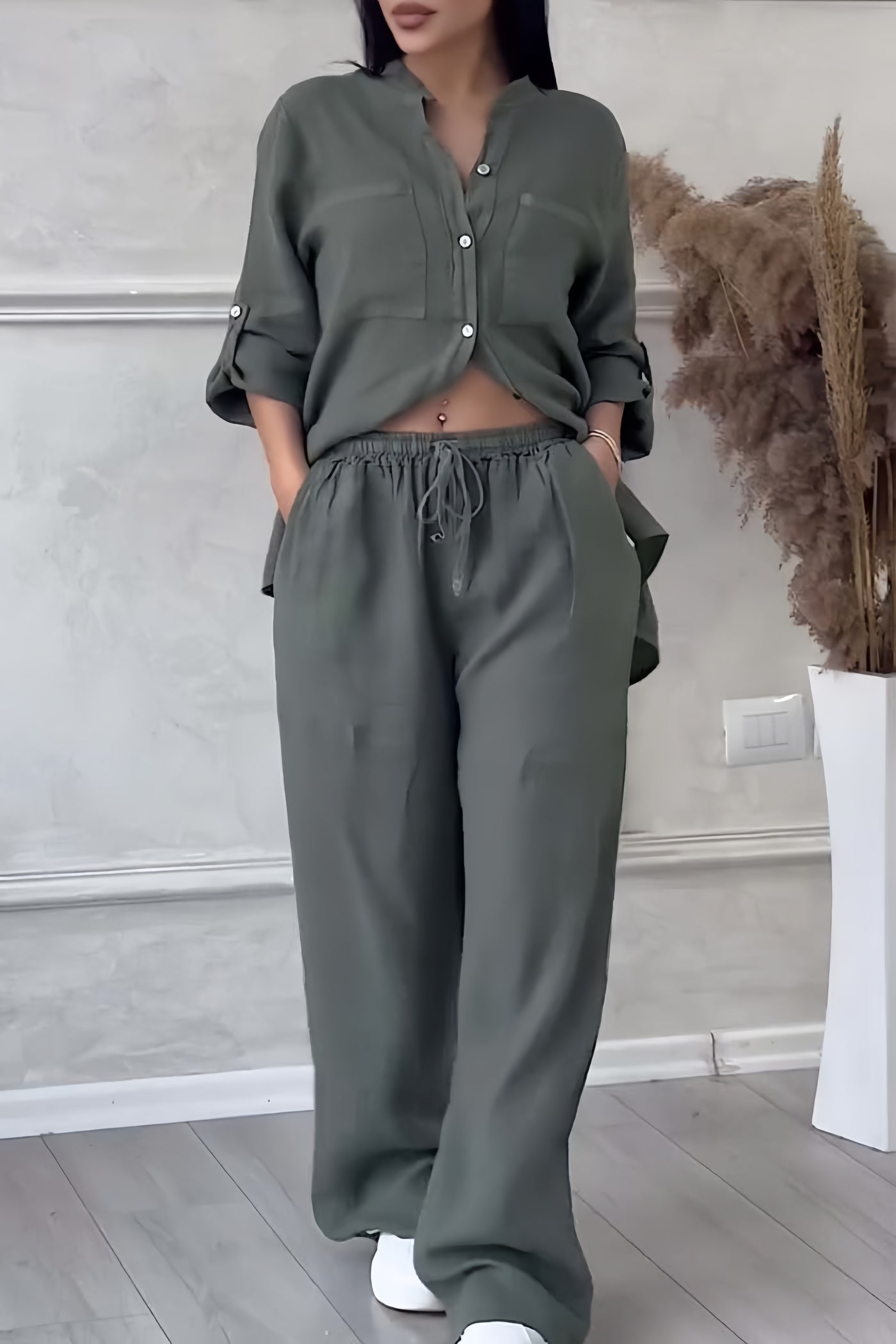 Isa - Trendy Linnen Co-ord Set Dames met Crop Blouse en Wijde Broek