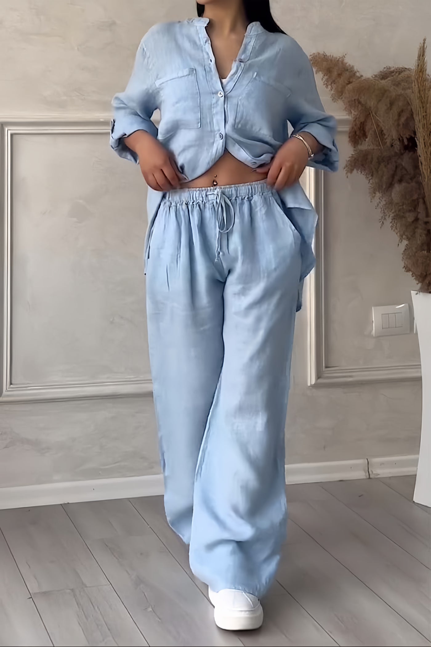 Isa - Trendy Linnen Co-ord Set Dames met Crop Blouse en Wijde Broek