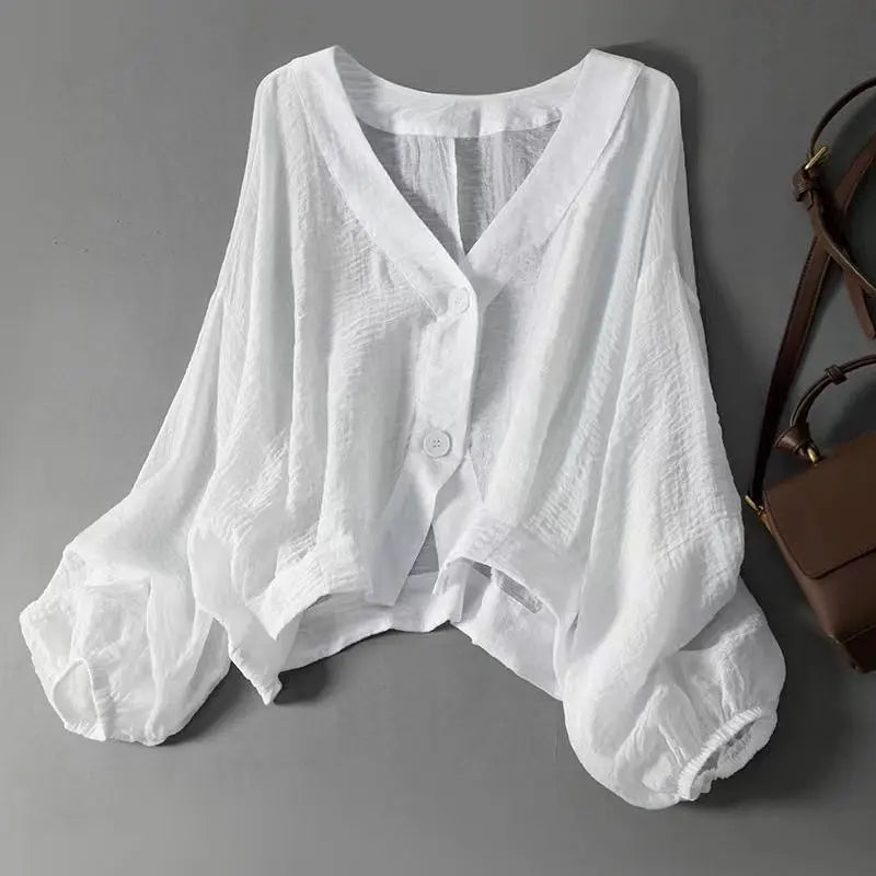 Lieke - Casual Linnen Blouse Dames met Ballonmouwen en V-hals