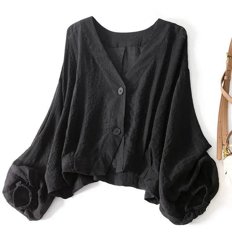 Lieke - Casual Linnen Blouse Dames met Ballonmouwen en V-hals