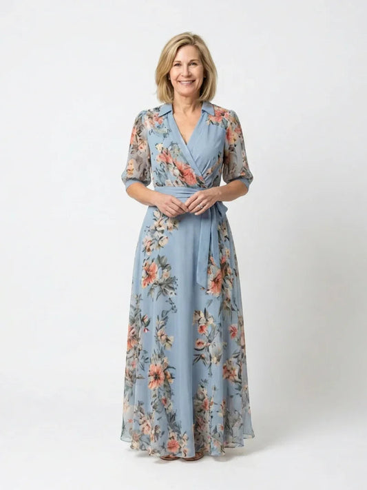Lieke - Elegante Grote Maten Maxi Jurk Dames met Wikkelmodel en Driekwart Mouw