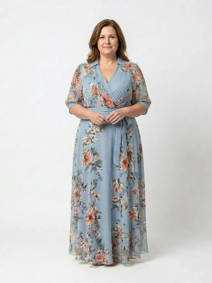 Lieke - Elegante Grote Maten Maxi Jurk Dames met Wikkelmodel en Driekwart Mouw