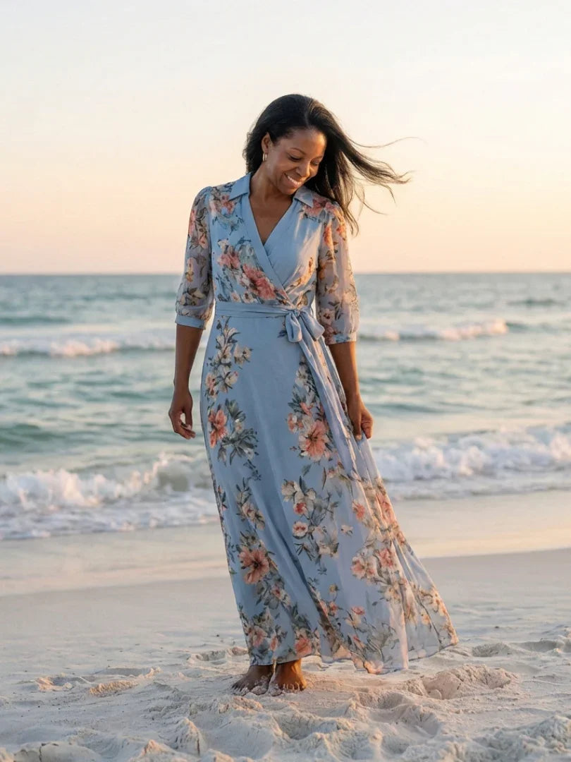 Lieke - Elegante Grote Maten Maxi Jurk Dames met Wikkelmodel en Driekwart Mouw