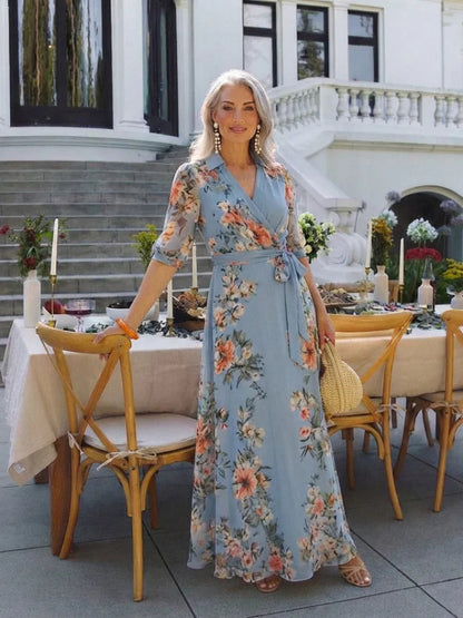 Lieke - Elegante Grote Maten Maxi Jurk Dames met Wikkelmodel en Driekwart Mouw