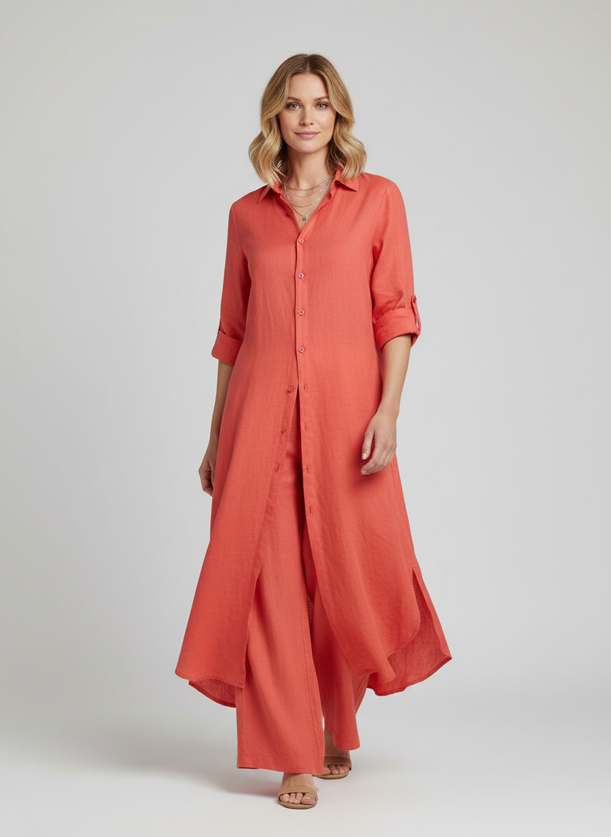 Lieke - Elegante Linnen Set Dames met Longline Blousejurk en Wijde Broek