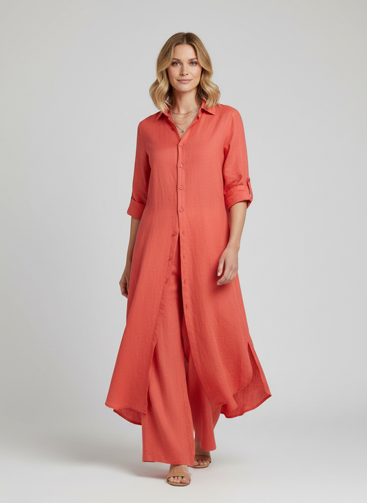 Lieke - Elegante Linnen Set Dames met Longline Blousejurk en Wijde Broek
