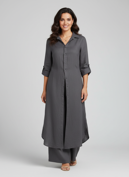 Lieke - Elegante Linnen Set Dames met Longline Blousejurk en Wijde Broek
