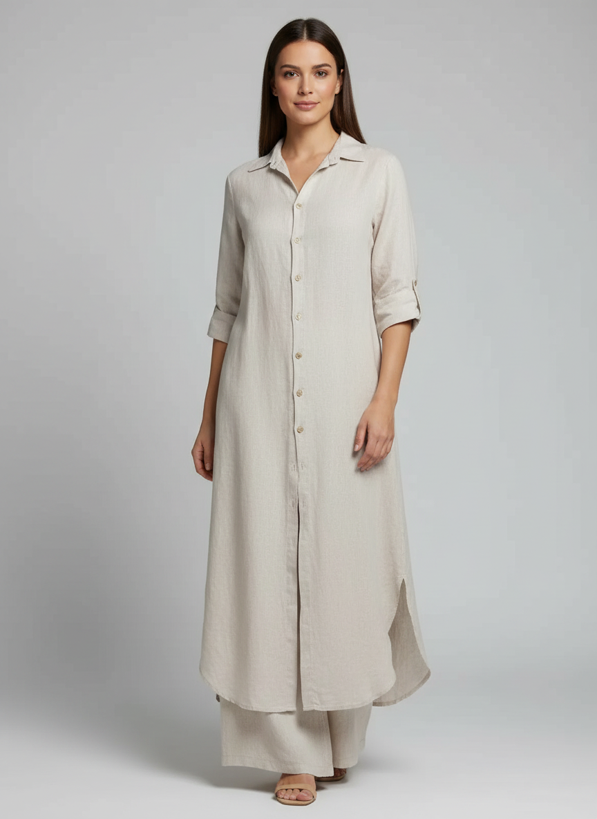 Lieke - Elegante Linnen Set Dames met Longline Blousejurk en Wijde Broek