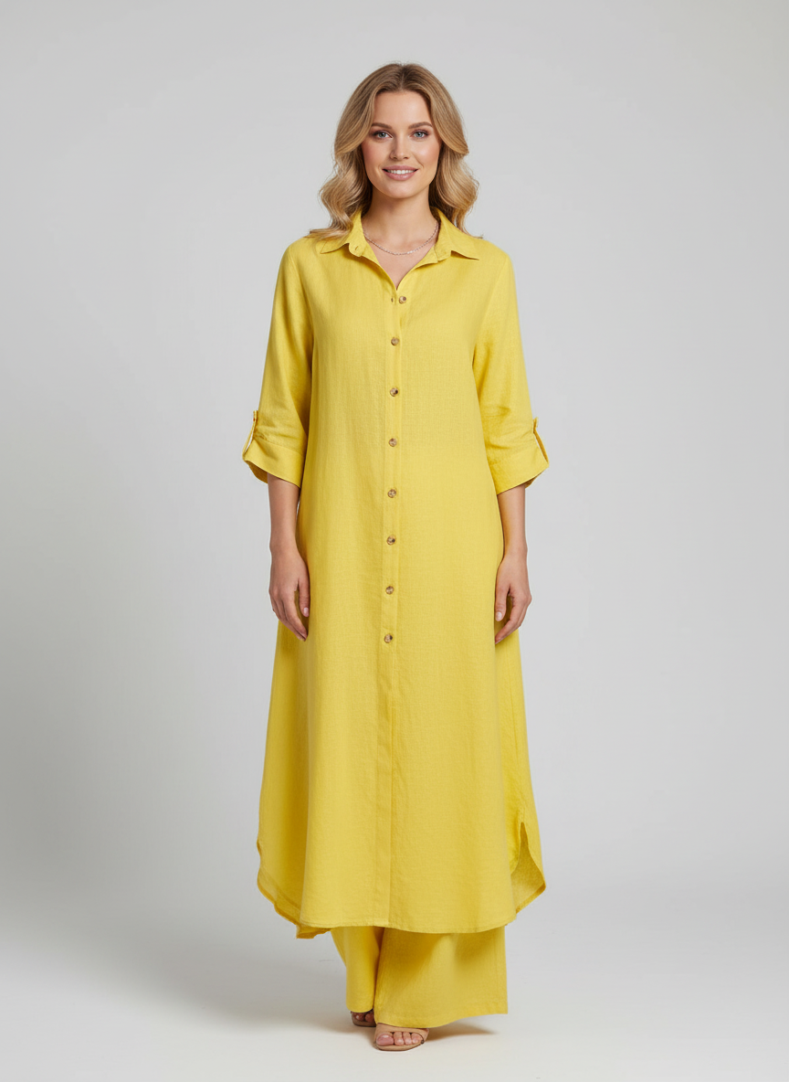 Lieke - Elegante Linnen Set Dames met Longline Blousejurk en Wijde Broek