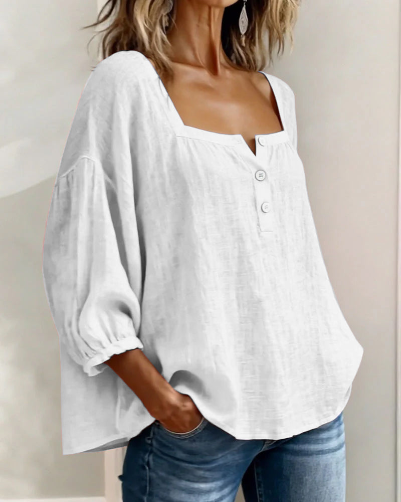 Lieke - Romantische Linnen Blouse Dames met Vierkante Hals en Pofmouwen