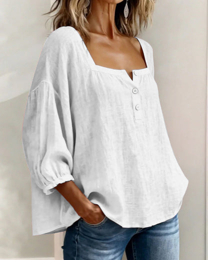 Lieke - Romantische Linnen Blouse Dames met Vierkante Hals en Pofmouwen