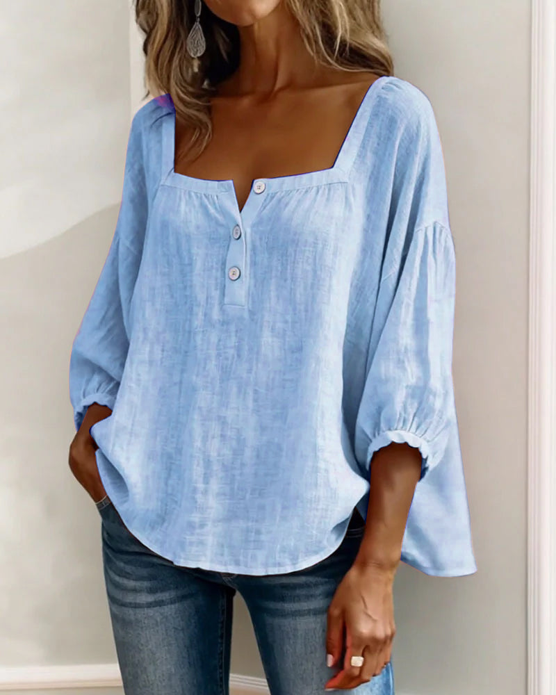 Lieke - Romantische Linnen Blouse Dames met Vierkante Hals en Pofmouwen