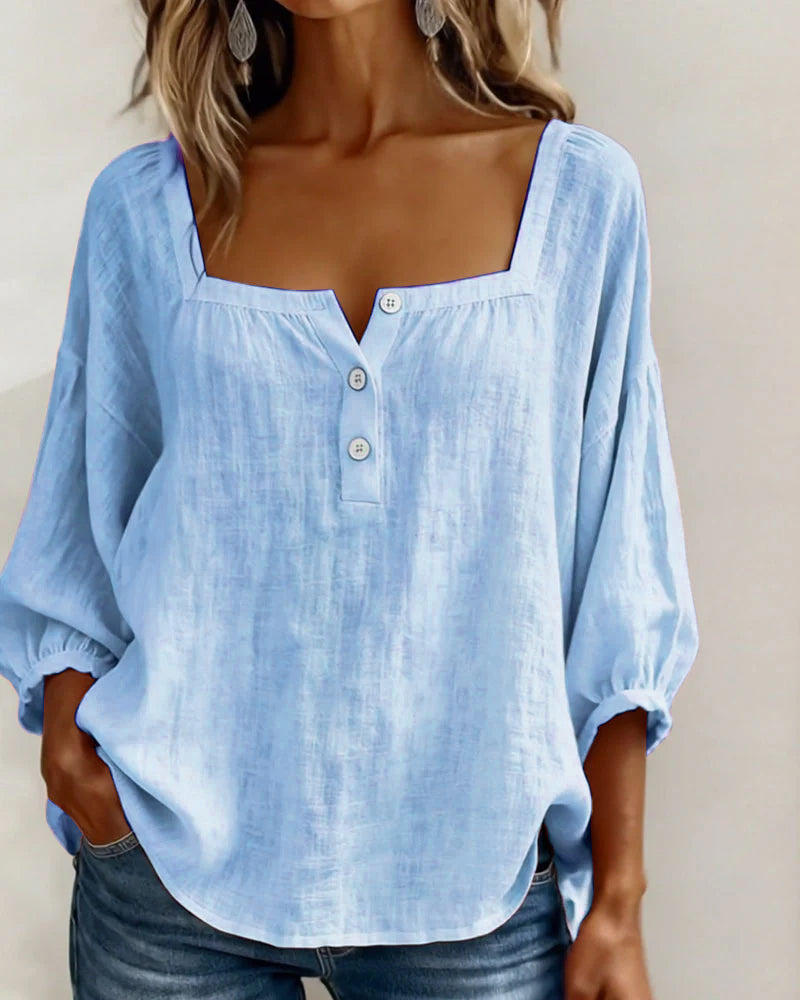 Lieke - Romantische Linnen Blouse Dames met Vierkante Hals en Pofmouwen