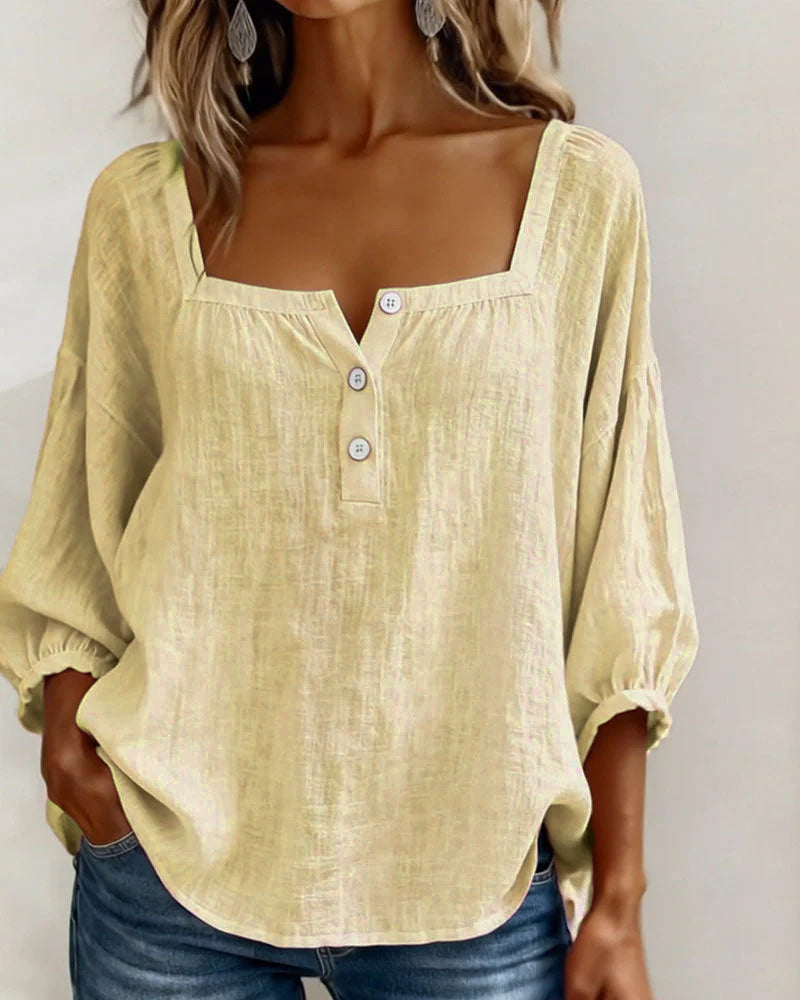 Lieke - Romantische Linnen Blouse Dames met Vierkante Hals en Pofmouwen
