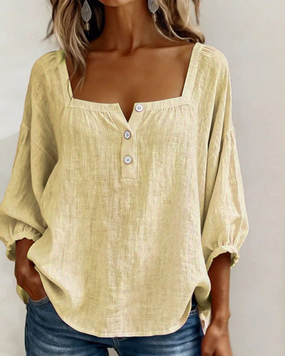 Lieke - Romantische Linnen Blouse Dames met Vierkante Hals en Pofmouwen