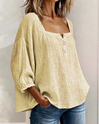 Lieke - Romantische Linnen Blouse Dames met Vierkante Hals en Pofmouwen