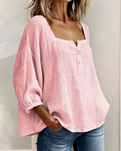 Lieke - Romantische Linnen Blouse Dames met Vierkante Hals en Pofmouwen