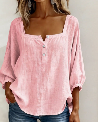 Lieke - Romantische Linnen Blouse Dames met Vierkante Hals en Pofmouwen