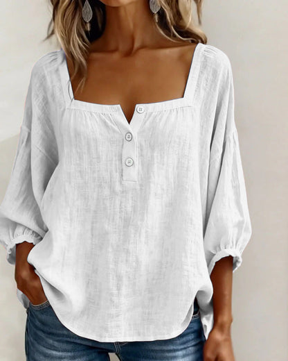 Lieke - Romantische Linnen Blouse Dames met Vierkante Hals en Pofmouwen